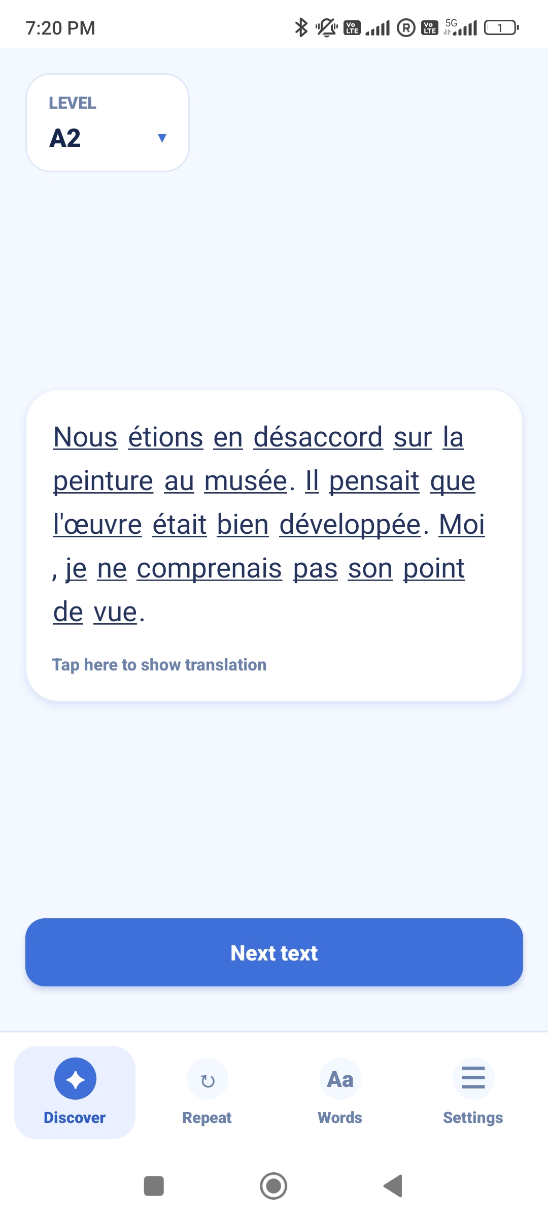 Repeto discovery screen with tap-to-translate text